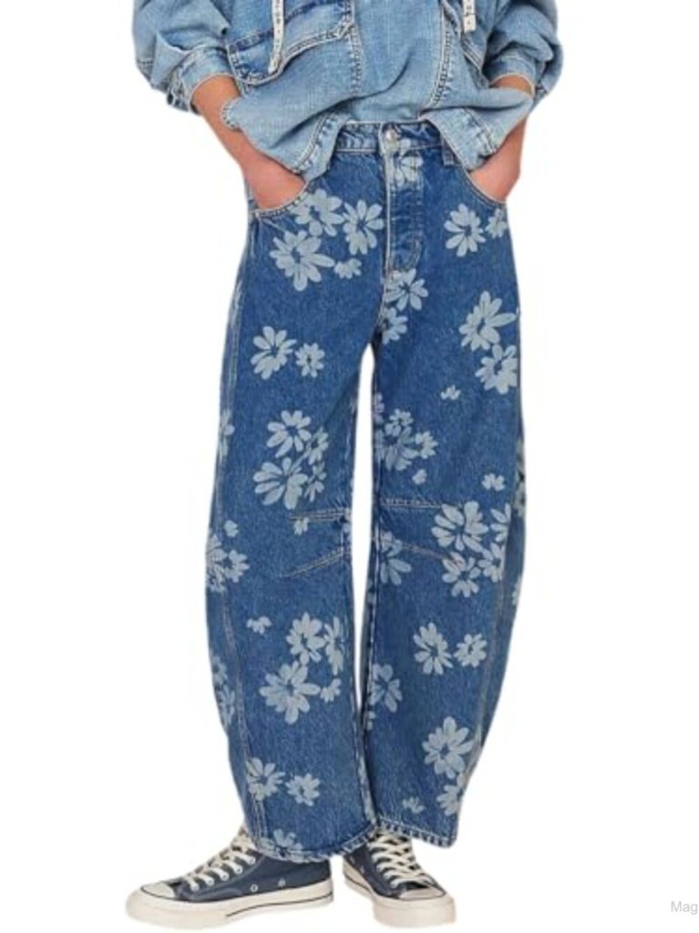 Women's Mid Rise Baggy Barrel Jeans Floral Wide Leg Ankle Denim Pants